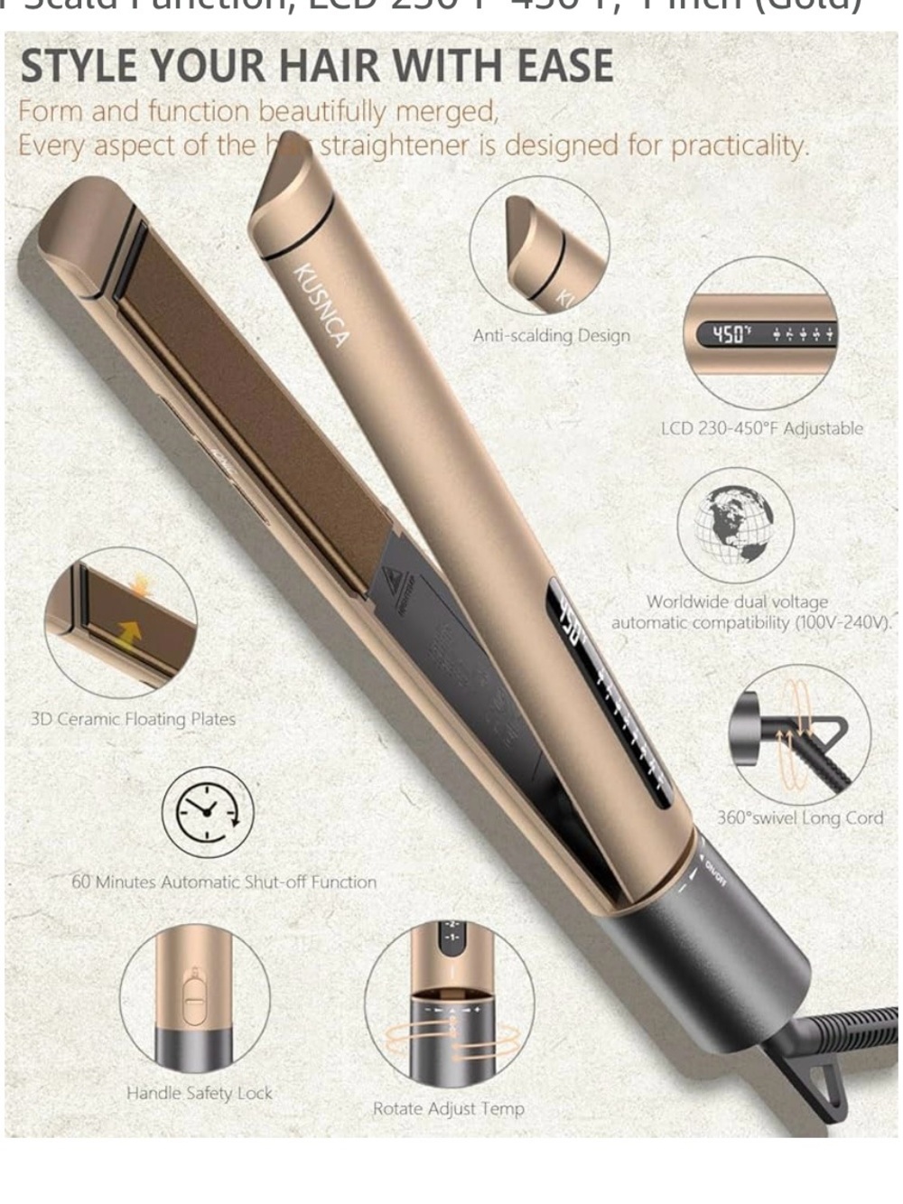Kusnca Gold Ceramic Hair Straightener - Professional Styling Flat Iron
